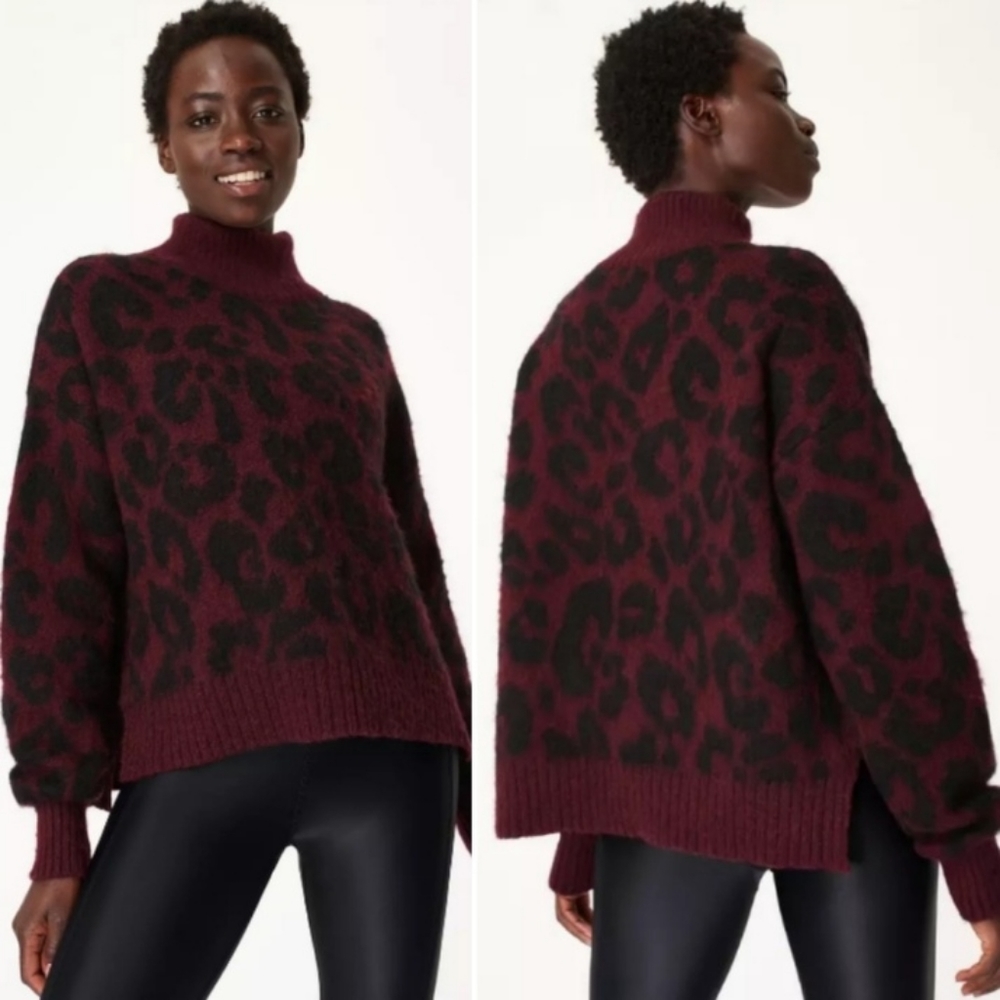 Sweaty Betty Animal Jacquard Sweater mock neck leopard maroon alpaca wool NWT